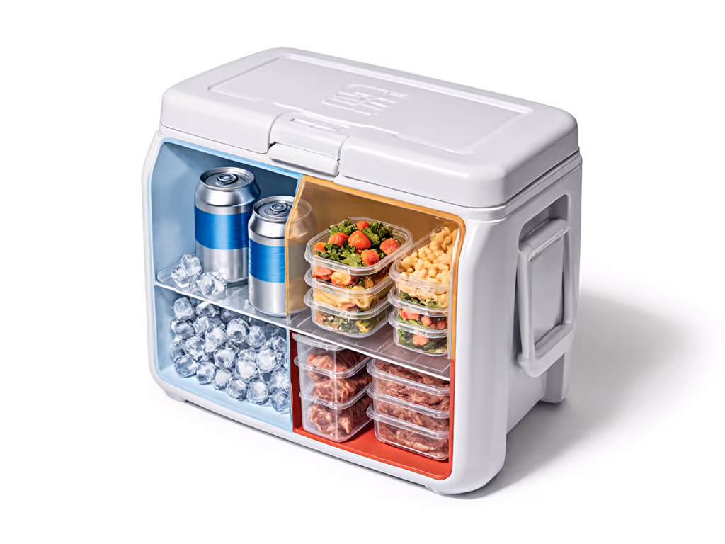zones for cooler organization showing front sacrifice zone with drink cans, center meal zone with sealed bins, and back safety zone with raw meat in sealed containers